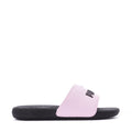 Kids pink slide sandals with black sole and PUMA logo on the strap