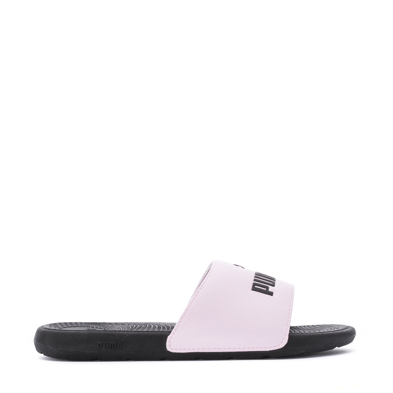 Youth pink and black slide sandals with PUMA logo on strap.
