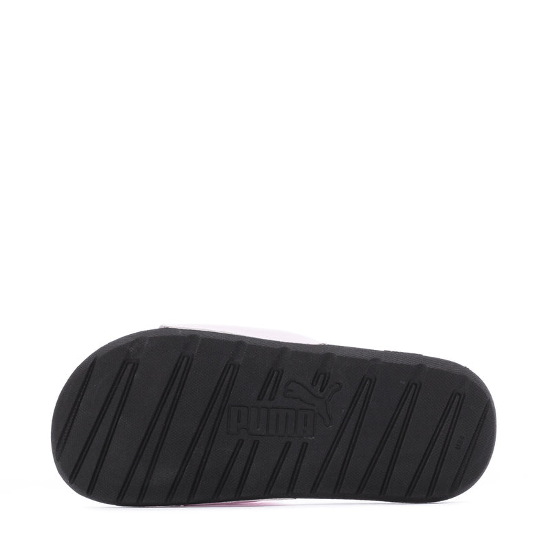 Youth black rubber slide sandals outsole with molded tread and PUMA emblem.