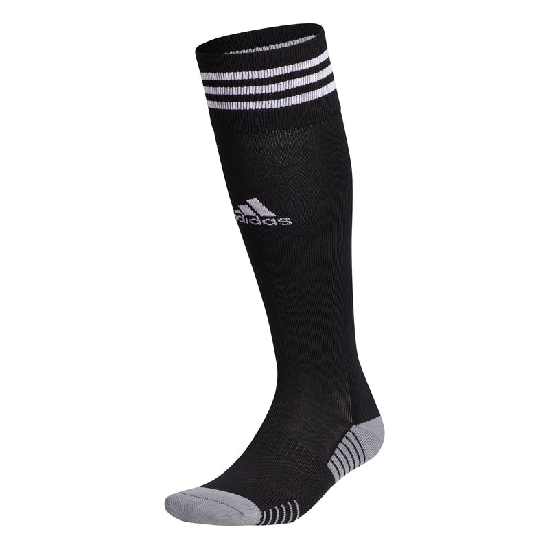 Extra small crew socks, black with white adidas logo and striped rib cuff.