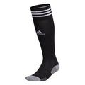 Extra small crew socks, black with white adidas logo and striped rib cuff.
