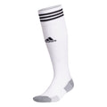 White OTC crew socks with black adidas logo and gray striped cuff