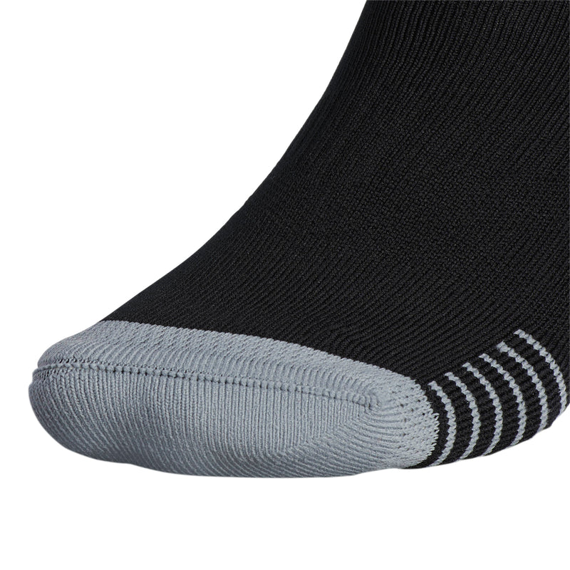 Crew sock toe and foot, black knit with light gray foot section and striped heel.