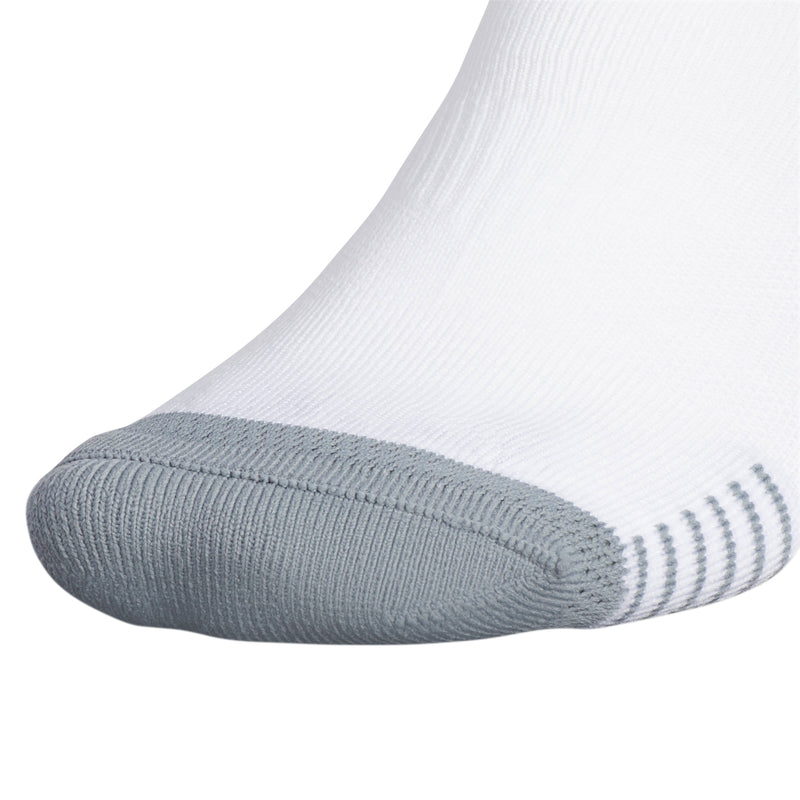 White crew sock toe with gray heel and striped detail