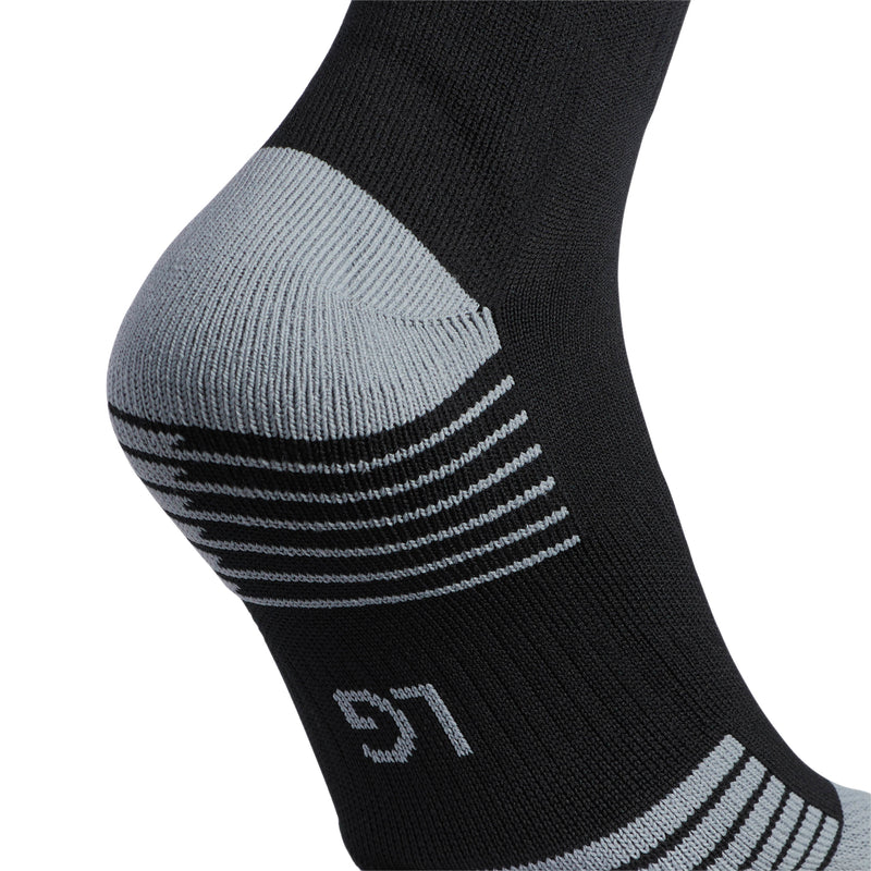 Crew sock side detail, black with gray panel, white striped arch and 51 marking.