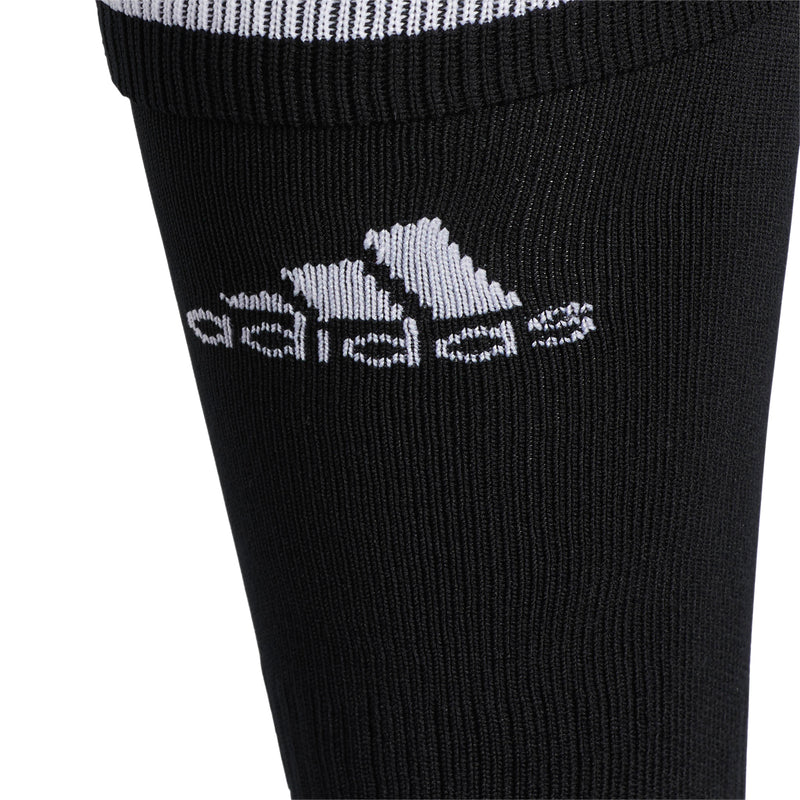 Crew sock shaft detail, black knit with white adidas logo and ribbed texture.
