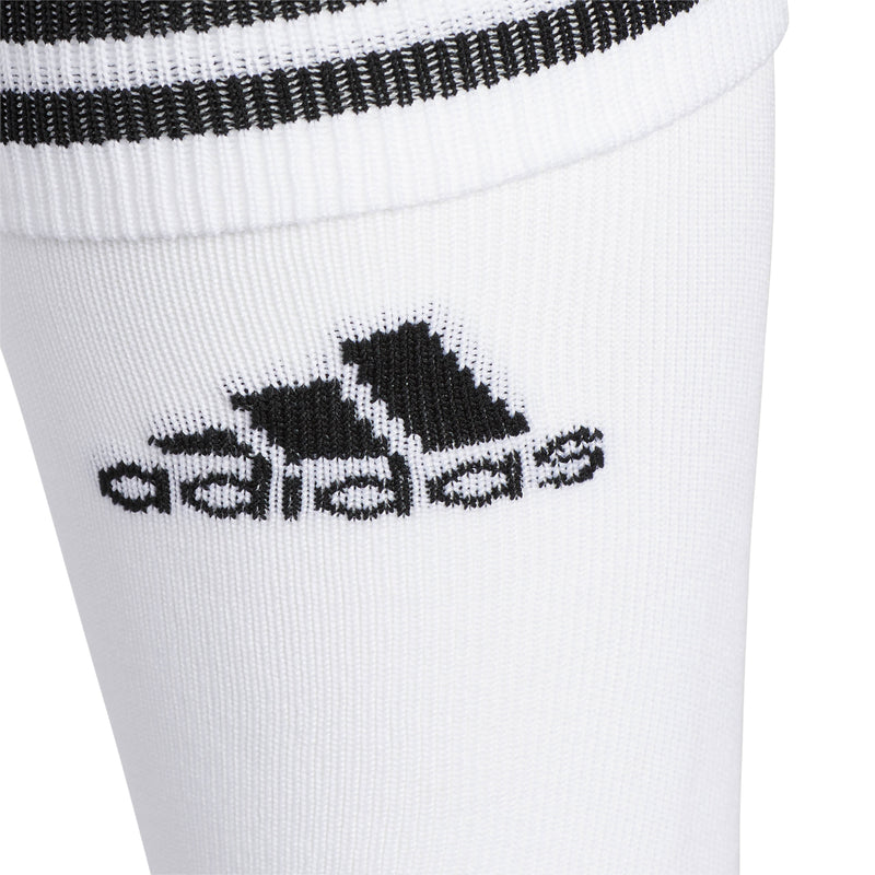 White crew socks with black-and-white rib cuff and adidas logo on calf