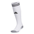 White crew sports sock with black stripes, gray cushioned sole and heel