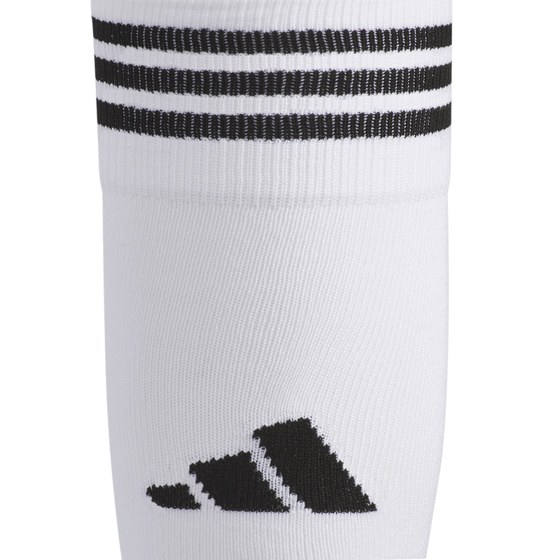 White OTC crew sock with black ribbed stripes and black logo