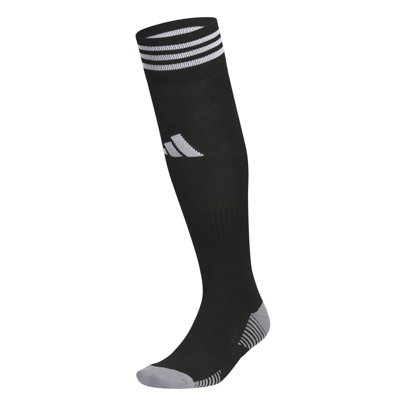 Over-the-calf black sock with white stripes near top and small logo accents