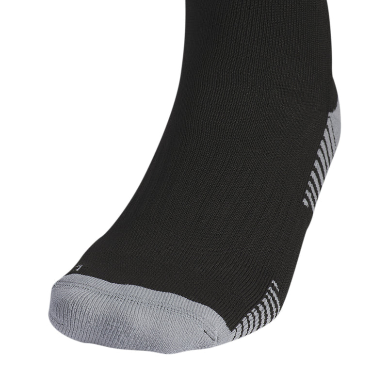 Black over-the-calf sock with ribbed knit and white striped arch detail