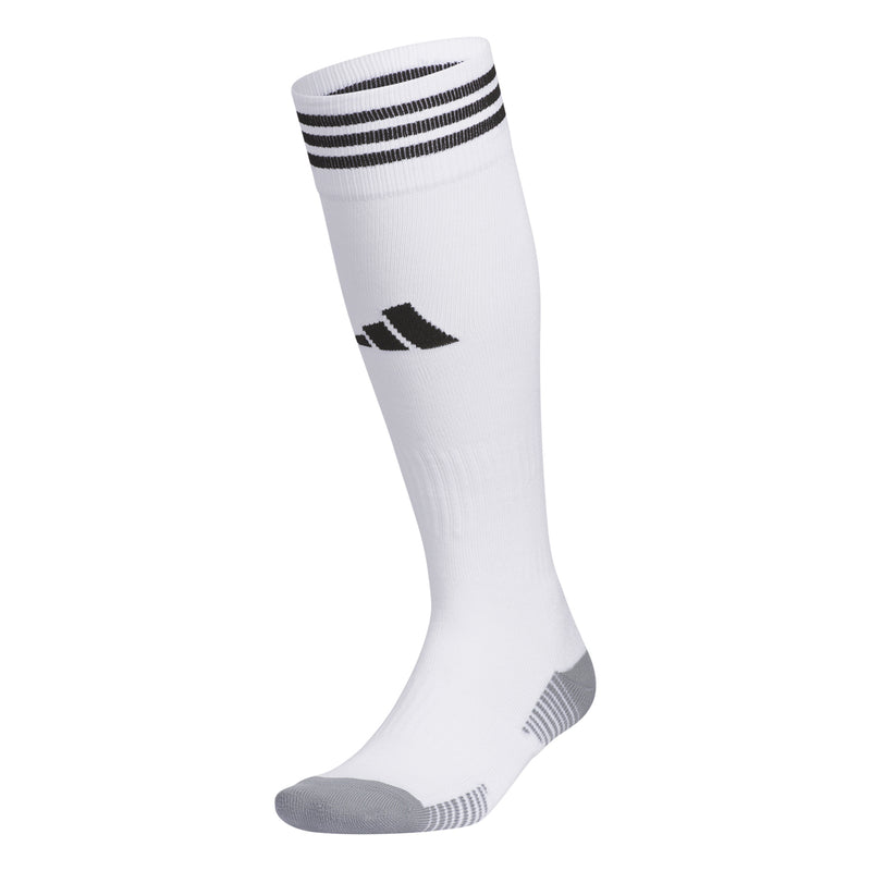 White cushioned crew sock, black cuff stripes and logo, OTC