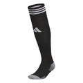 Black crew socks with white stripes and cushioning at toe and heel