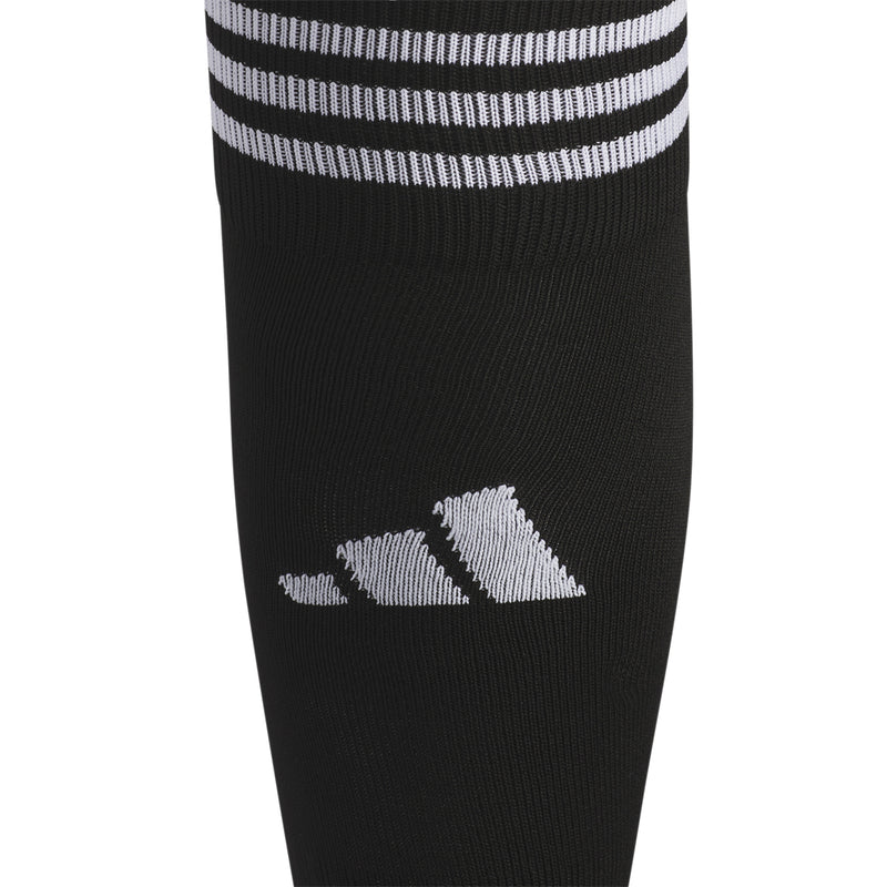 Black crew socks with white striped cuff and gray logo on the leg