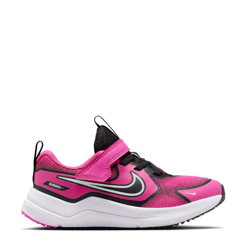 Pink, black and white kids' running sneakers with swoosh logo and lace-up front