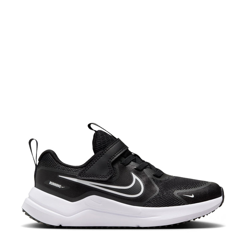 Kids black and white running sneaker with lace-up design and white midsole