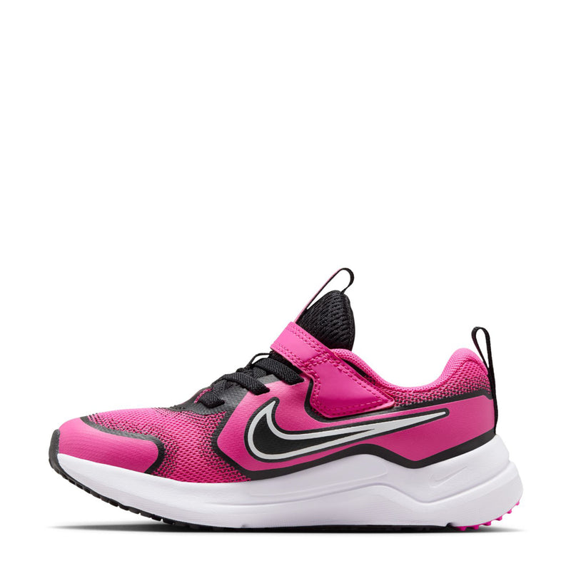 Pink, black and white kids' running sneakers, side view with swoosh and laces