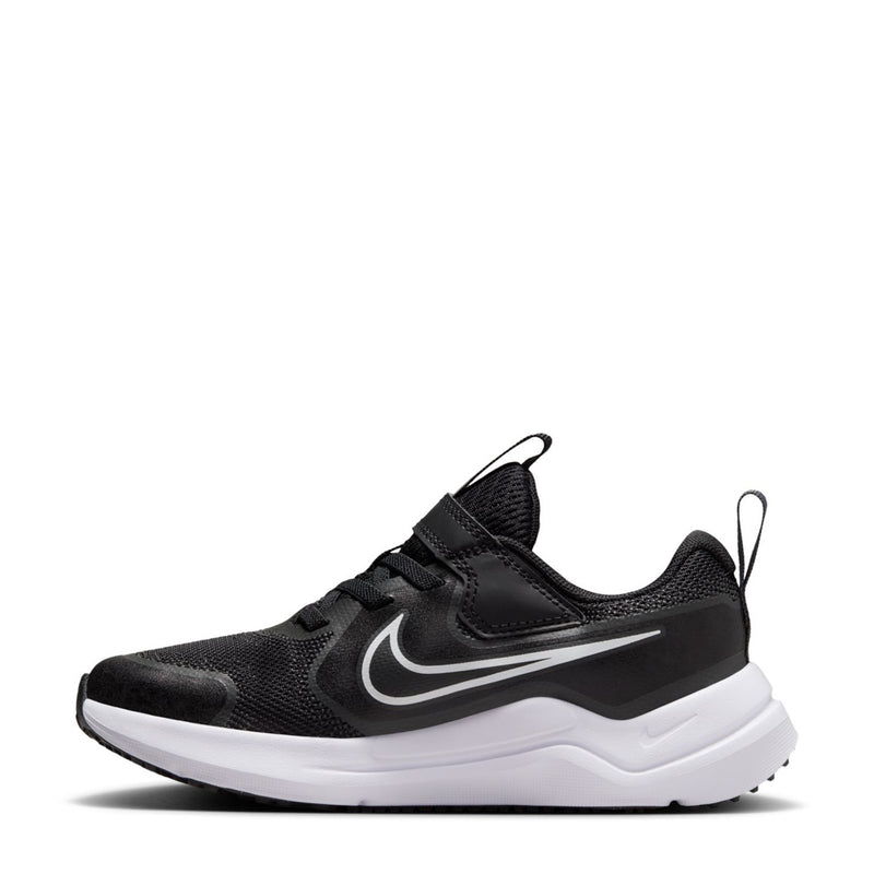 Kids black mesh running shoe with white midsole and swoosh-style side logo