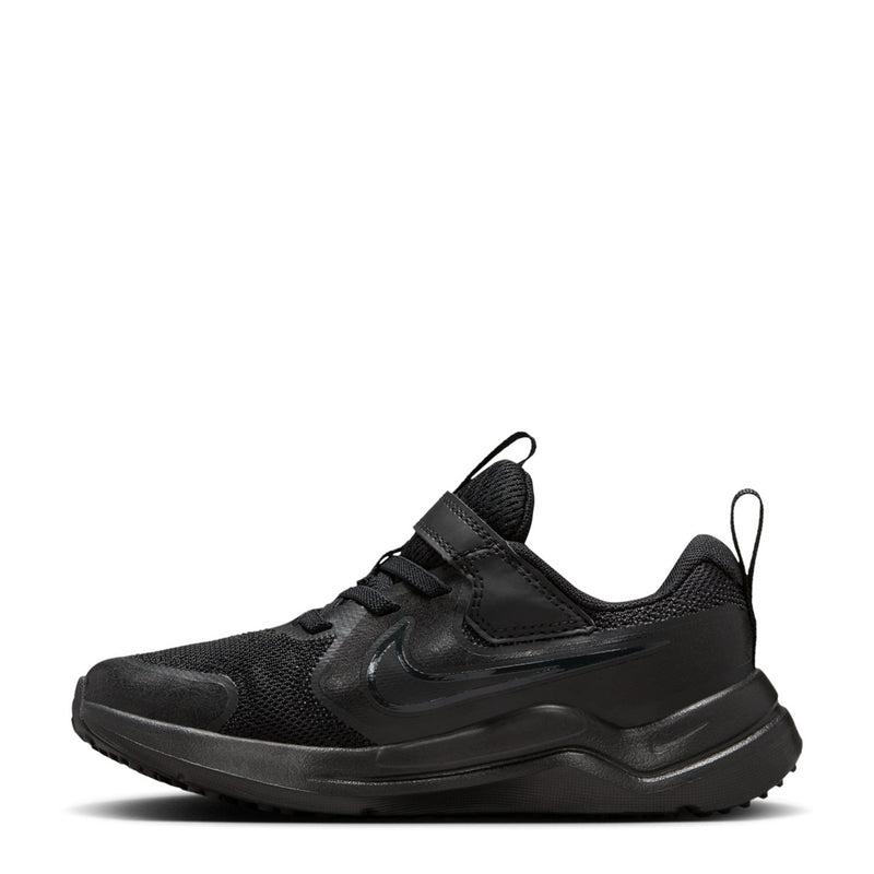 Kids black running shoe with lace-up closure and cushioned midsole