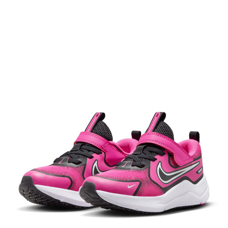 Pair of pink and black kids' running sneakers with lace-up fronts and white midsoles