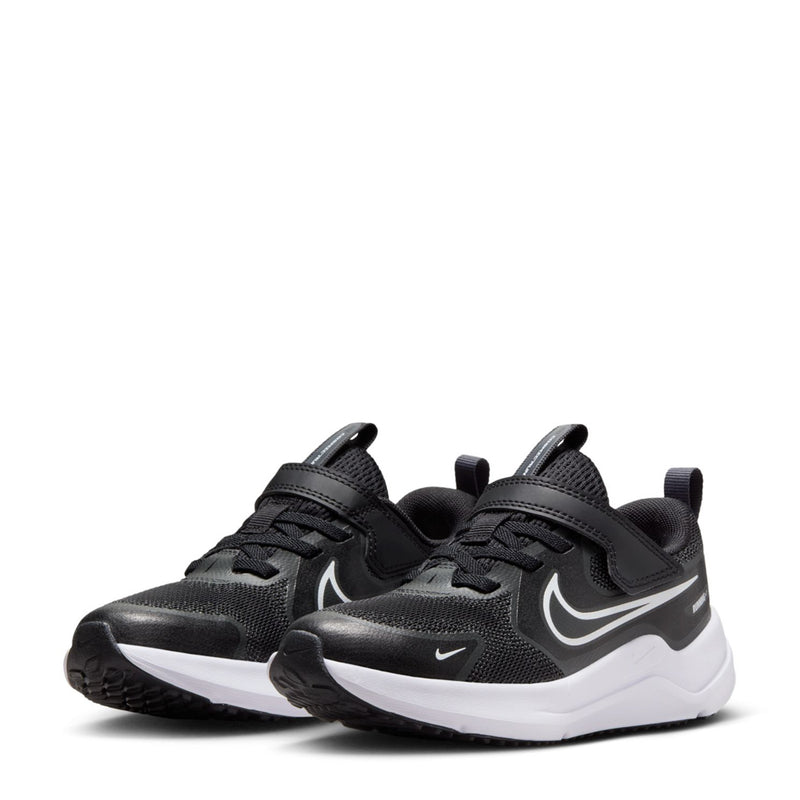 Pair of kids black running sneakers with hook-and-loop style collar tabs