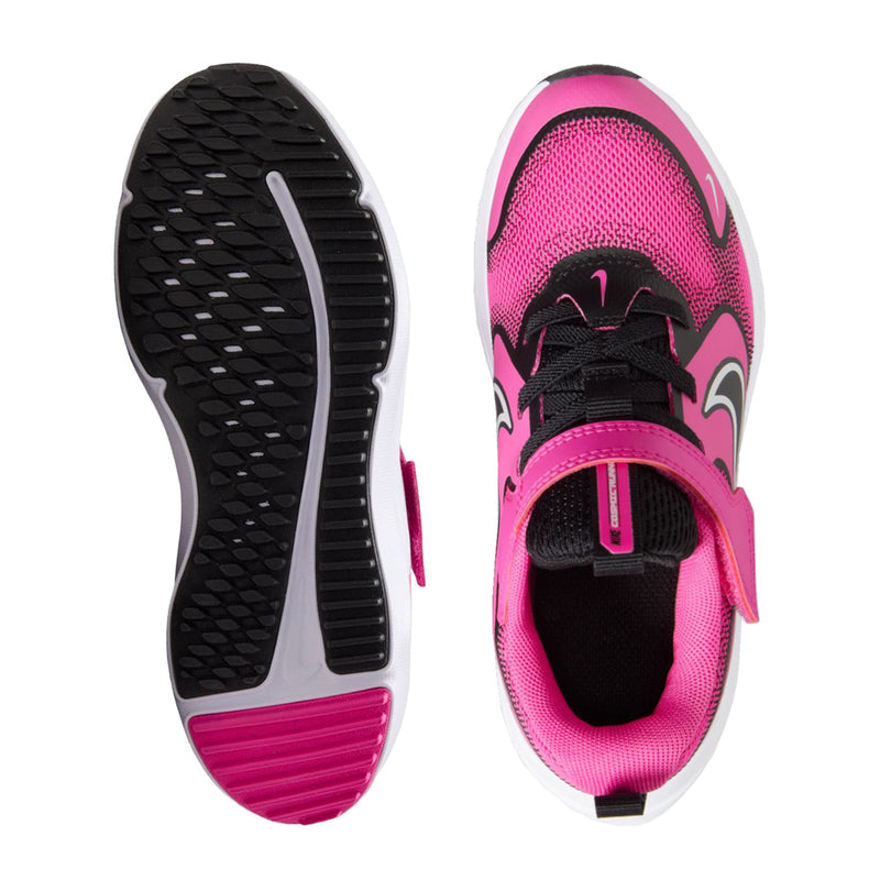 Kids' running sneakers showing tread outsole and pink upper with black lace details