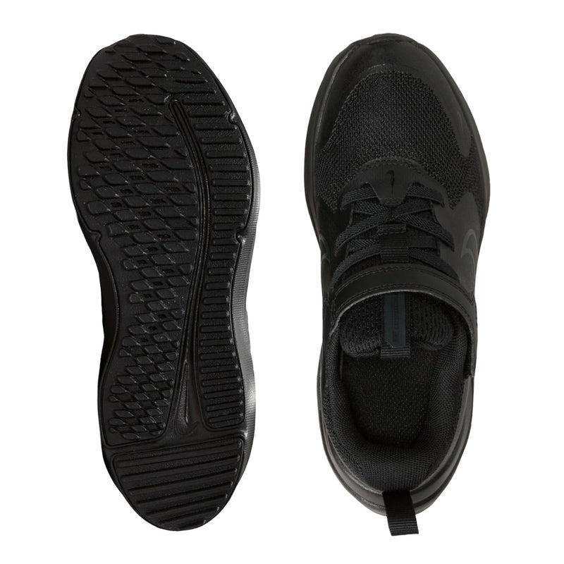 Kids black running shoe soles shown with textured tread and traction pattern