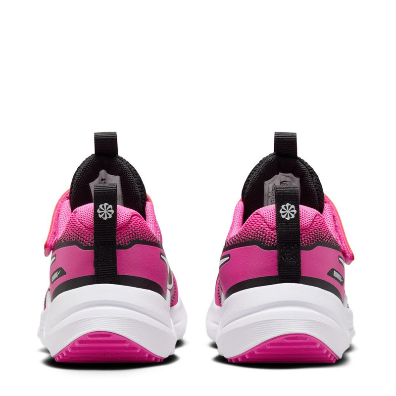 Kids' running sneakers from the back: pink uppers, black heel tabs, white midsoles