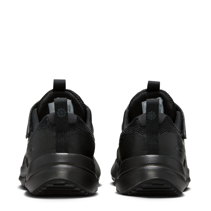 Kids black running shoe heel view with back pull tab and lace strap detail