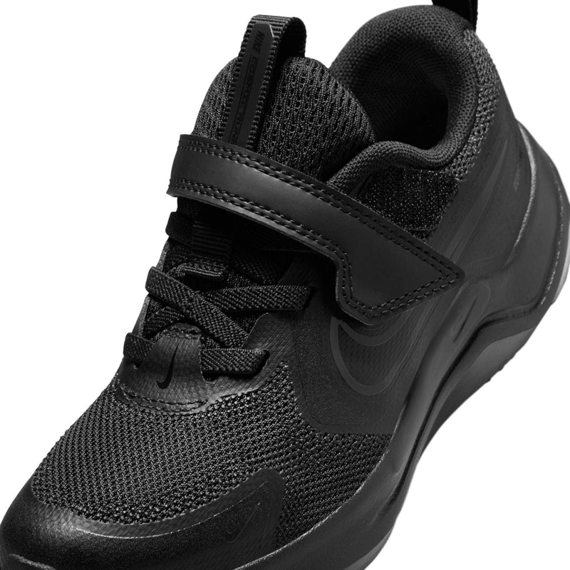 Kids black mesh running shoe upper with stitched overlays and velcro strap