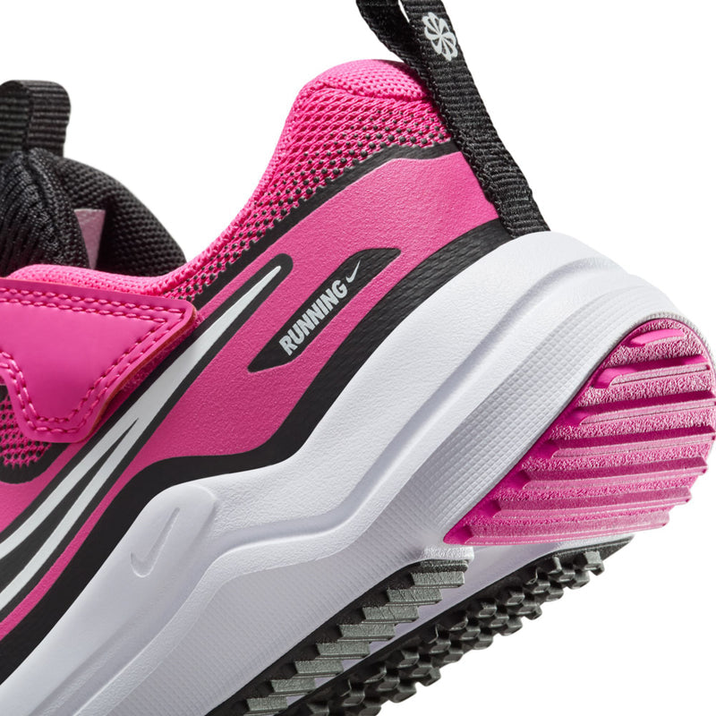 Close-up of pink kids' running shoe outsole tread with black trim and white midsole