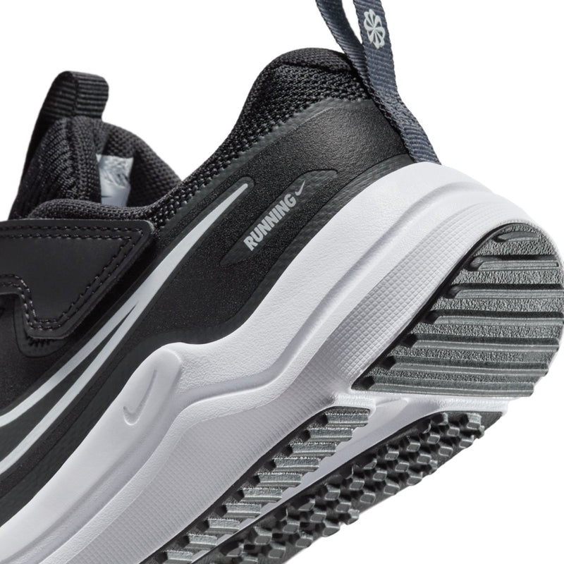 Kids black running sneaker tread and side branding detail with white foam sole