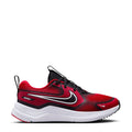 Youth running shoes in red knit with black overlays, white swoosh and laces