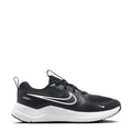 Youth running shoes in black mesh with white swoosh and thick white midsole