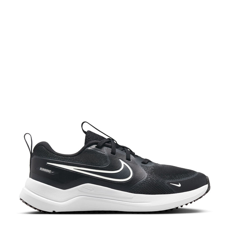 Youth running shoes in black mesh with white swoosh and thick white midsole