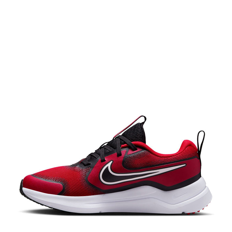 Youth running shoes, side view, red upper with black mesh and white midsole