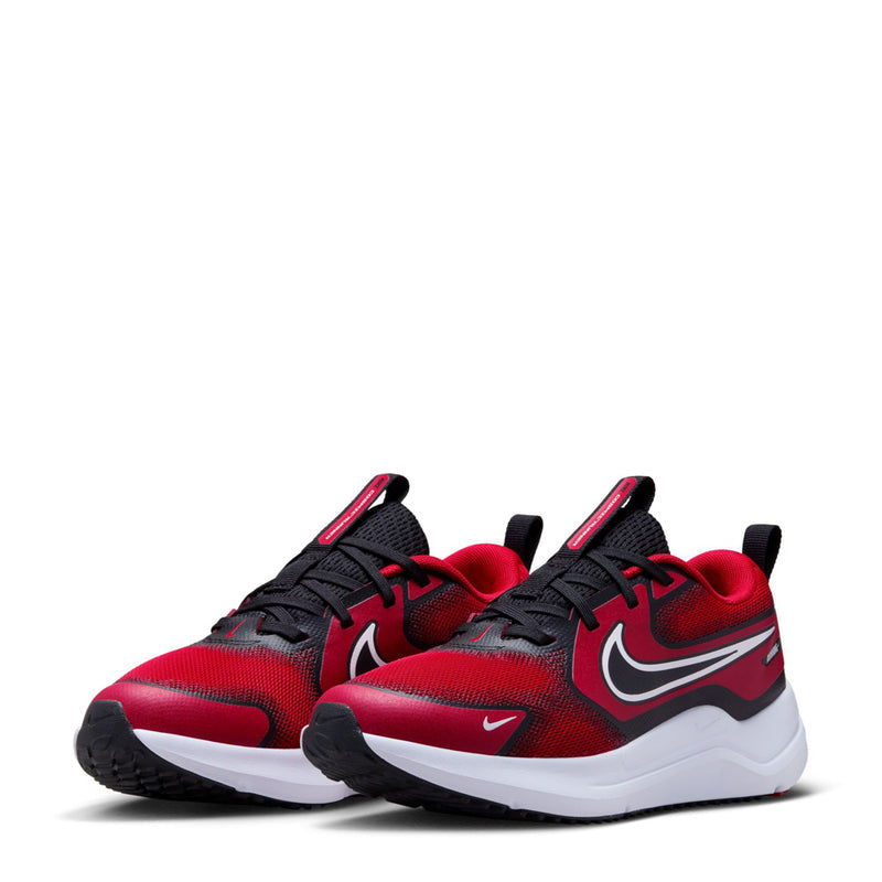 Youth running shoes, pair view, red and black knit uppers with white midsoles