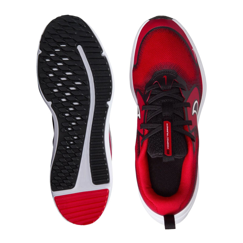 Youth running shoes outsole and toe view, red upper with black tread