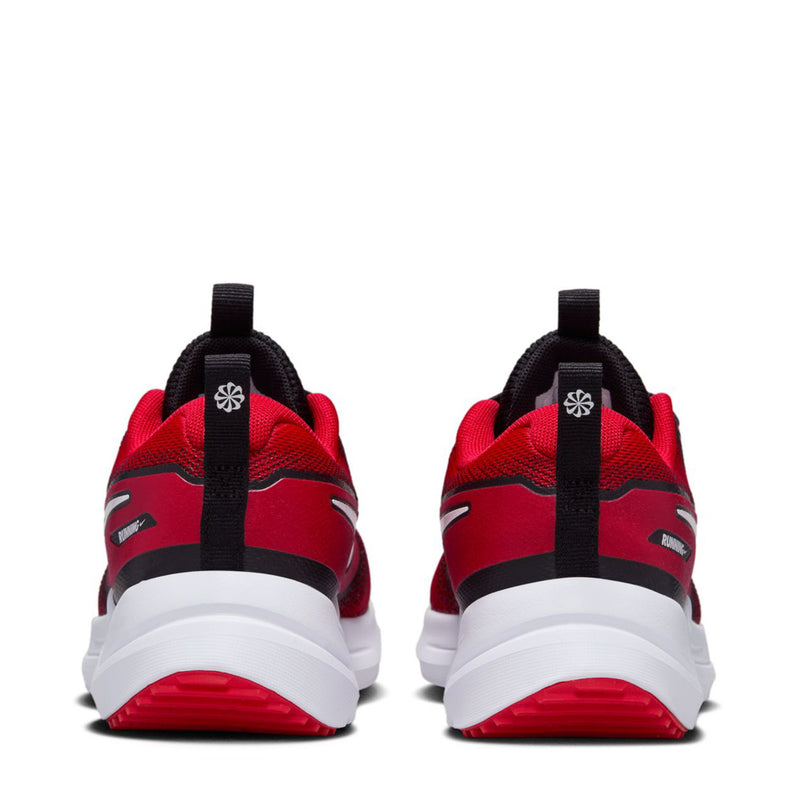 Youth running shoes back view, red heel with black straps and white sole
