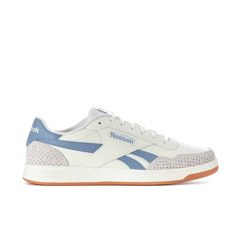 Men's Reebok court sneakers in white with light blue panels and gum sole