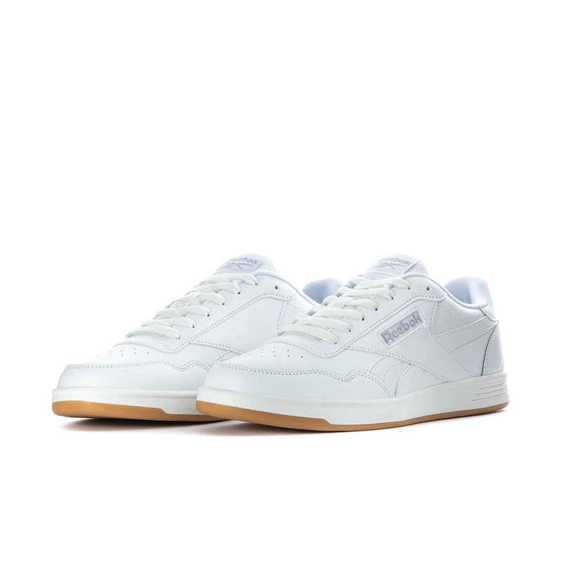Pair of men's white Reebok Court Advance sneakers with gum outsoles, lace-up