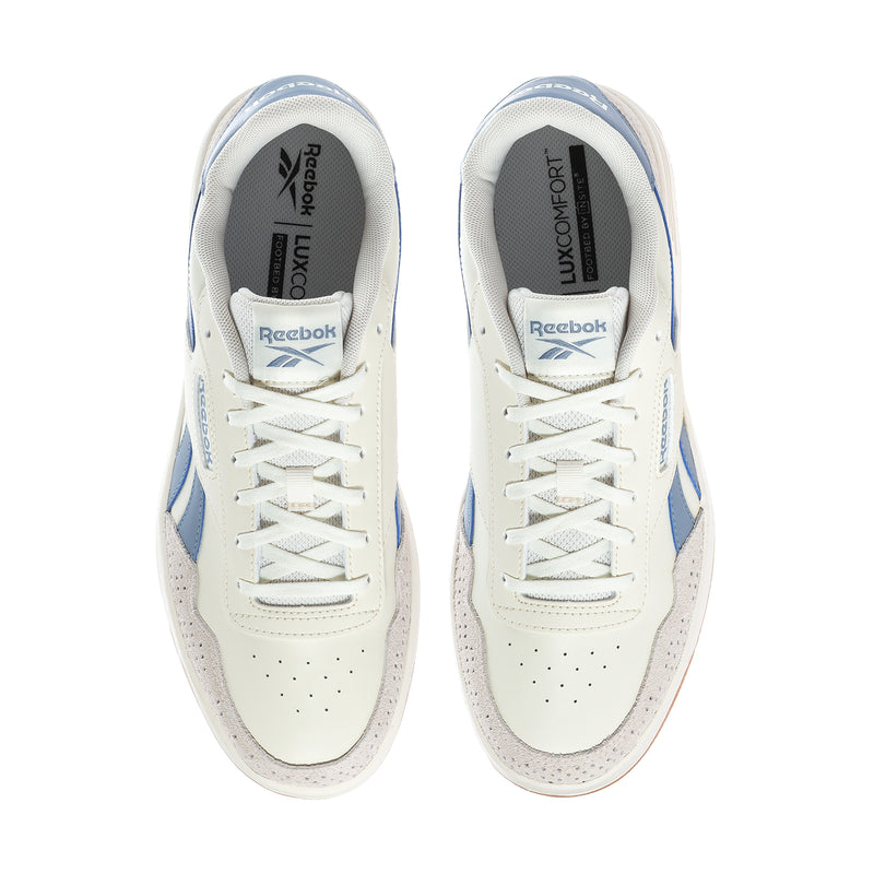Men's Reebok court sneakers front view, white leather with blue accents