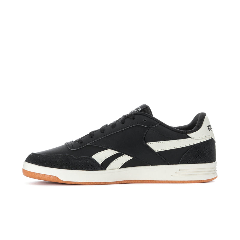 Men's Reebok Court Advance low-top sneakers side view, black suede with white stripe