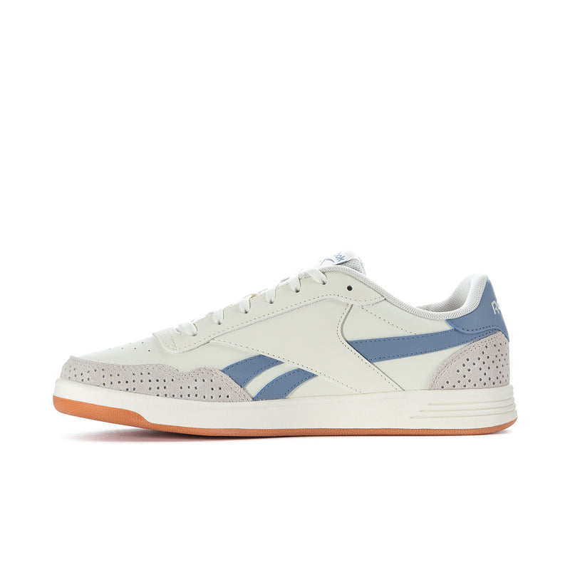 Men's Reebok court sneakers quarter view, white with light blue upper trim