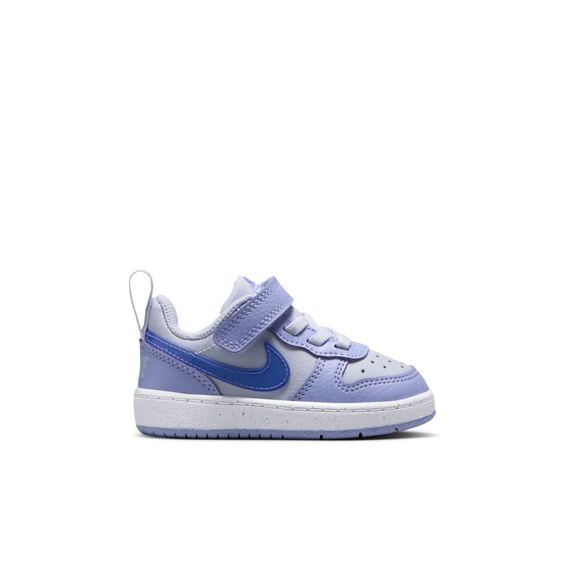 Toddler low-top sneakers in light purple and blue with hook-and-loop strap and swoosh