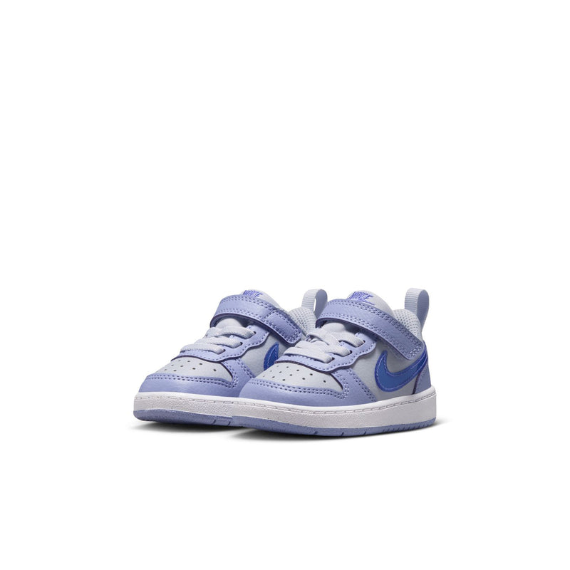 Toddler low-top sneakers, light purple uppers with blue swoosh and two-tone laces