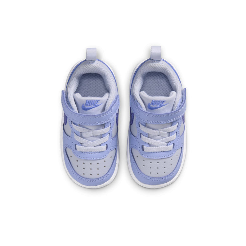 Pair of toddler sneakers from top view with light purple lining and hook-and-loop strap
