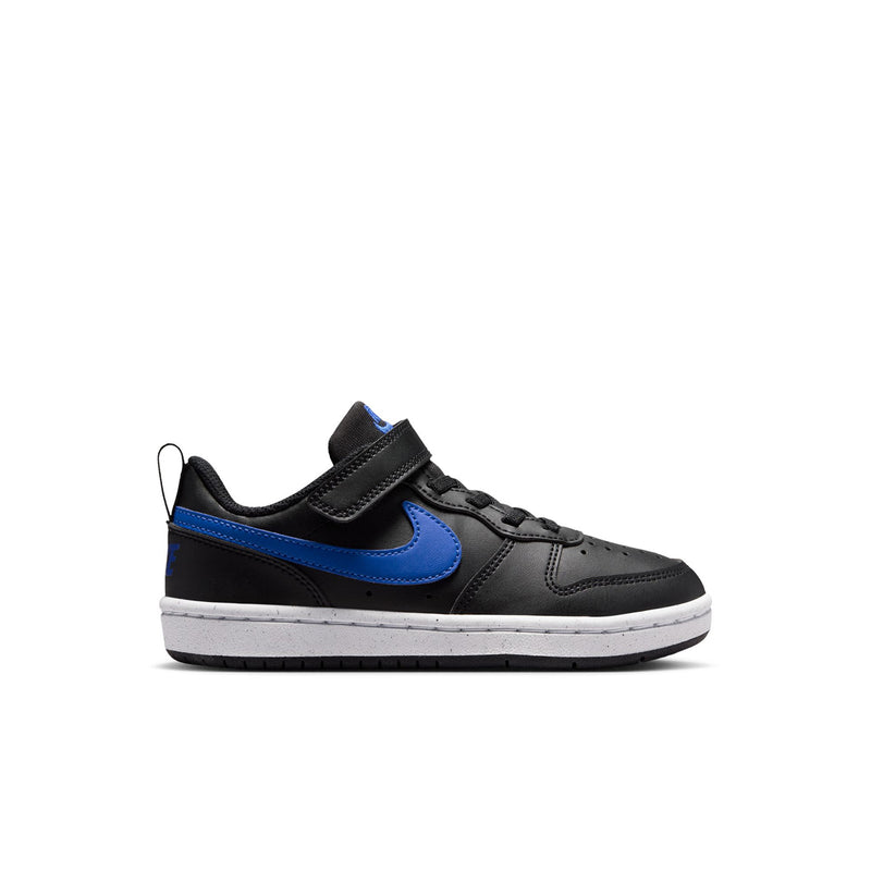 Kids low-top sneakers in black with blue Swoosh and white midsole, hook-and-loop strap
