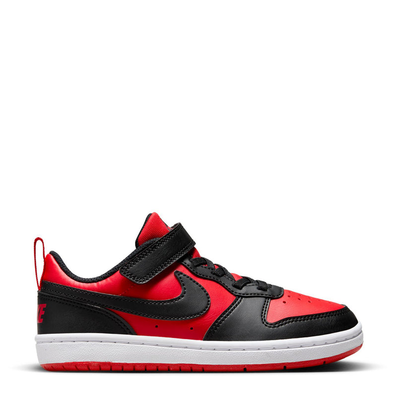 Kids low-top sneakers in red, black, and white with Velcro strap and lace-up