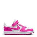 Kids low-top sneakers, white with fuchsia swoosh and velcro strap over the tongue.